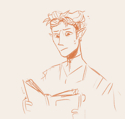 A sketch of Cel, a half-elf. They wear goggles on their forehead and have messy short hair. They are wearing a shirt and jacket. They are looking down at Shoin’s diary, which they hold open in both their hands. Their mouth is in a straight line and their eyebrows are furrowed. There are two beads of sweat running down the left side of their face (right to the viewer). The background is a light peach. They are sketched in orange.