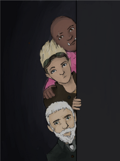 Coloured art of Zolf, Cel, and Azu peeking around a corner. Zolf, a white dwarf with white hair and a beard in a single plait, is at the bottom. Above his head, peeks out Cel, a white half-elf with spiky blond hair and goggles on their forehead. Last is Azu, a Black, bald orc in pink armour, with one hand on Cel’s shoulder. They all have neutral expressions.