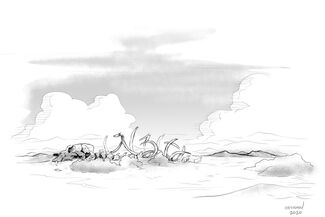 The second panel of a two-panel comic. The second panel is also black and white, a landscape image with clouds resting on the horizon and an uneven ground stretching out for miles. Rising out of the ground are bones from a ribcage, spelling an approximation of "Do not enter" in Japanese.