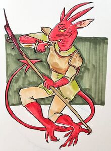 Traditional marker art of Skraak, a red kobold with a long tail. He wears a breastplate over a green tunic, and yellow pants. They are carrying a syringe spear and looking suspiciously off to one side. There is a green square in the background.