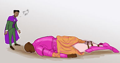 Coloured fanart of Hamid and Azu, both drawn in their usual clothes. Hamid smiles slightly and says ‘you okay Azu?” as he looks at Azu, who is lying facedown on the brown ground, with her arms to her sides. The background is white.