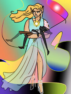 A pop art style digital drawing of Eldarion and Grizzop. Eldarion, a white elven woman, is wearing a long blue dress with a high slit up the side. She has long blonde hair that is flowing to the left side. She is wearing a glowing pendant around her neck. She is holding Grizzop, a goblin male, who has his eyes closed and one arm and both legs dangling off her arms. They are surrounded by lines and blocks of colors such as reds, blues, purples, greens, and yellows.