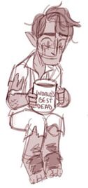 A front facing sketch of Hamid, a halfling male. He is sitting in tattered clothes holding a coffee mug that reads: World's Best Dead. He is looking down.