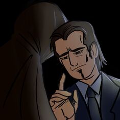 Digital art of Barret Racket and a cloaked figure. Barret is a white human man with chin-length straight grey-brown hair. He has a goatee and dark eyes, and wears a suit jacket and tie. He has a serious look on his face and one finger raised as he leans towards the figure, who is entirely obscured by their brown cloak. The background is black.