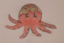 A doodle of Cel as an octopus. The octopus is a light red, with six visible tentacles. Their eyes are black, and Cel's goggles are situated atop their head, similar to how they wear them normally. One tentacle is raised in a wave.