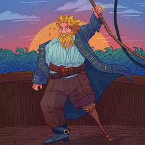 Digital art of Zolf Smith. He is a white dwarf with blonde hair and two braids in his beard. He is wearing a loose-fitting pirate blouse, trousers with one side rolled up over a wooden peg leg, two thick belts, and a long coat. He is standing on the edge of the boat, holding onto rope and smiling. The sun is setting over the sea.