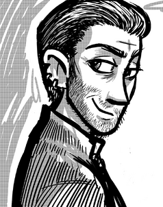 Greyscale digital fanart of Barret. He is a human man with dark chin-length slicked-back hair, stubble, and several earrings. He wears a collared shirt. He’s shown from the side, looking at the viewer with a smirk. There are shadows to one side of him.