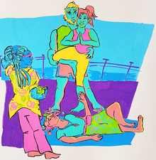 A neon-coloured marker drawing of Elliot, Jazz, Dyfan, and Rainbow. Elliot is a man with long hair in locs, half in a bun. he wears pink sunglasses, a yellow shirt with pink flowers on it, and pink pants. He holds a small green book in one hand, while the other’s in his hair, and he watches Jazz and Dyfan with a small smile. Jazz is a woman with long orange hair in a ponytail, wearing a pink sleeveless shirt and yellow capris. She is doing yoga, standing on her left leg with her right leg bent, her right foot on her left thigh. Her hands are clasped together in a prayer-like gesture, and she’s smiling broadly. Dyfan is a man with short yellow hair, sideburns, and a short beard. He wears a green sleeveless shirt and pink shorts. He’s in a broad stance behind Jazz, his hands on her knee and waist, supporting her with an uncertain look on his face. Rainbow is lying on the ground at Jazz’s feet, looking up at her. Rainbow is a woman with short hair, wearing blue t-shirt, green skirt, pink fanny-pack, and a long necklace. One arm is raised towards Jazz. The entire scene is on the deck of a cruise ship, with water in the background.