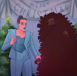 Fanart of Apocrypha Ponzie and Lady Voluptuousness holding hands. Apocrypha is a white woman, with light-brown hair pulled back into a tight bun. She is wearing a business-like blue suit, with a bodice and blazer on top, and trousers on the bottom. Her lipstick is also blue. Lady Voluptuousness is a Black woman covered in hair, with a beard and a moustache. Her hair is dark brown and incredibly curly. There is a Merry Christmas banner in the background, along with a Christmas tree with lights and a star on top.