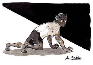 A drawing of Hamid, a halfling male, on all fours. His fingers and toes have transformed into claws and his skin is grey with bronze scales all over. He has horns and the pupils of his eyes are now slits. His shirt and pants are ripped. His mouth is open and showing sharp teeth.