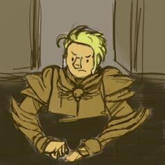 Bertie is a white human male with short blonde hair. He is frowning with his eyebrows pointed down in an angry expression. He is in full plate armor that is light tan. His bottom half is trapped inside a dark brown hole.