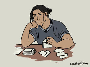 Coloured digital art of Kiko playing cards. She is a Japanese woman with black hard in a bun, wearing a blue shirt. She has a mole near her mouth and black panted nails. She sits with both elbows on a table, resting her chin in one hand with a bored, annoyed expression. In front of her are various cards, and she holds a few in one hand.