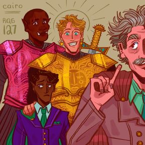 A digital drawing of Azu, Ed, Hamid, and Einstein. Azu, a Black orc woman, is standing in back with full pink armor. Or mouth is closed and her eyes are looking forwards. In front of her is Ed, a white human male. He is in full gold armor. He is smiling a wide smile and has his hand on Hamid shoulder. Slightly in front of him is Hamid, a brown halfling male. He is in a purple suit with a green tie and cape. His mouth is in a frown and he is looking to the side offscreen at something. In the foreground but only half visible is Einstein, a white human male. He is holding one arm up with his pointer finger extended. He his staring back at the others.