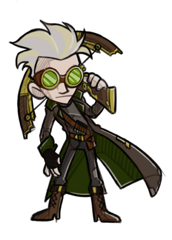 Cel, a light-skinned non-binary half-elf with fluffy blond-grey hair. They are wearing green goggles over their eyes, a patched brown cloak, brown clothes, and high brown boots. Across their chest is a bandolier of vials. They stand with a neutral expression and a large crossbow slung over one shoulder.
