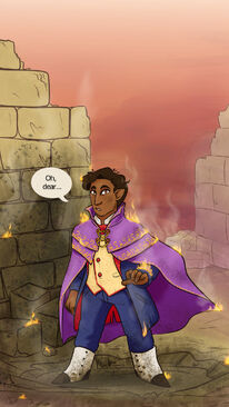 Digital fanart of Hamid, a brown halfling male. He is in a blue and red suit with white boots. He is also wearing a purple cape over it. Parts of his suit and cloak have orange flames burning on it. In the background are collapse and singed stone walls. A speech bubble from him reads: oh dear...