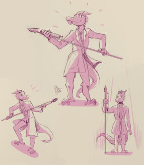 Three drawings of Skraak, a kobold in a lab coat, with their injection spear. In the topmost drawing, they are smiling, standing tall, and proudly holding the spear with both hands. In the lefthand drawing, he is once again holding the spear in both hands, this time in a combat-ready position and a look of alarm on his face. In the righthand drawing, he is standing at attention with a serious expression, holding the spear vertically with one hand, while the other arm hands to his side. All the drawings are in pink, with pale yellow lighting and background.