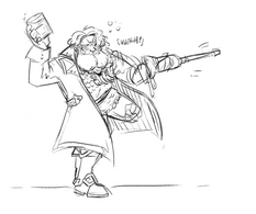 A black and white sketch of Zolf. He’s a dwarven man with short hair and a fluffy beard in two plaits. He’s off-balance due to both drunkenness and his lack of a prosthetic, standing on his right leg and wobbling slightly. In his left hand he holds his peg leg as though it were a fencing foil. In his right, a glass of whiskey that is about to slosh all over the place. He’s saying “huagh!” and squinting determinedly.