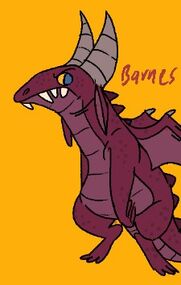 Coloured digital art of Barnes in Sassraa’s body. Sassraa is a tall red kobold with very long horns. Barnes looks angry. The background is yellow.
