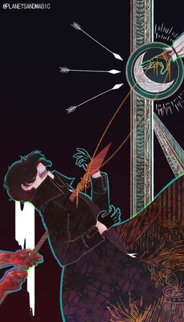 A digital drawing of Sasha, a white human woman. She is dressed in all black and wearing black gloves. Her hair covers most of her face except her mouth, which is open in a scream. Behind her are two red hands that are holding an equally red spear that is going straight through her chest. The tip of the spear has strings tied around it which leads up to a green hand in the corner. The green hand is surrounded but a white crescent moon with three arrows pointing at it.