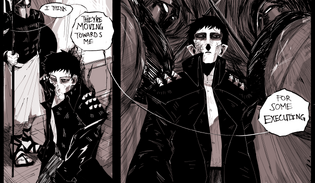 In the second panel, the left side shows Sasha walking down the hallway. She's passing by a soldier from the Cult of Mars. There is a black, sickly kind of energy drifting off of her shoulders. They are wearing a heavy black breastplate, a white toga-like skirt, and black roman sandals. They are standing at attention, with a spear in one hand and a shield in the other. The speech bubble continues from the previous panel, and says, "I think they're moving towards me for some executing." The right side of the panel looks up at the front of Sasha's face from a lower point of view as she walks, and there are now two Mars soldiers looming over her from behind. Their faces are covered by their helmets, but their eyes are a bright white.
