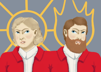 Augusta, a white human woman with blue eyes and a snarl on her face, wearing a red coat over a white collared shirt. On the left, she is shown without her disguise: she has blond chin-length hair. On the right, she’s in her disguise, wearing a brown wig and a fake brown beard. The undisguised version has a sun motif behind it, while the disguised version has flame motifs behind it.