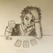 A pencil drawn of Hamid, a halfling man with curly chin-length hair. He wears a dark vest over a white long-sleeved button-down shirt. He is sitting at a table on which three cards and two stacks of gambling chips are laid out. With one hand, he drops two more chips on the table. His other hand runs through his hair as he looks down at the table with a sad, pensive expression.