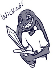 Digital greyscale art of Vesseek, a non binary goblin, shown from the waist up. They have long floppy ears and sharp teeth, and are bleeding from their nose and mouth. They wear a torn t-shirt. They’re holding a short in both hands and smiling broadly as they look at it, saying, “Wicked!”
