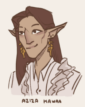 Aziza, shown from the shoulders up. She's an Egyptian halfling woman with long straight brown hair and dark eyes, wearing dangling gold earrings and a white shirt with a frill. She is smiling.