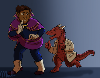 Coloured digital fanart of Hamid and Skraak sneaking through a corridor. Hamid is an Egyptian halfling with short brown hair, wearing his usual purple cloak, as well as white gloves and boots. He is slightly crouched, with a slightly anxious expression on his face as he looks back at Skraak, and one finger to his lips to indicate silence. Skraak, a short red kobold in a lab coat, follows along behind Hamid with an enthusiastic expression and holding two thumbs up. The are walking through a blank blue corridor.