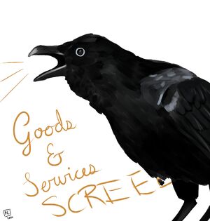 A left profile drawing of a crow. It is squawking with three orange lines coming from its mouth. The words Goods & Services SCREE are written in orange cursive below it.