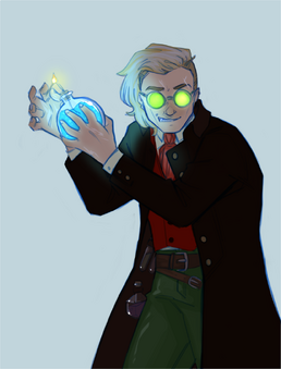 A digital drawing of Cel, a white nonbinary half-elf. They're wearing a red vest with a red tie and white shirt underneath as well as green pants with a brown belt. They have on a black overcoat. They're holding a circular flask that contains glowing blue liquid. They're lighting a wick sticking out of the flask with a match. They have on green glowing goggles and their mouth is pointed into a smirk and are showing teeth.