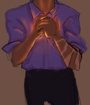 A digital sketch of Hamid Saleh Haroun al-Tahan's torso. He is an Egyptian halfling man, wearing a purple shirt and black pants. His hands are clasped in front of himself, and his hands glow as he casts a spell. There is a twisting spiral scar across his left forearm.