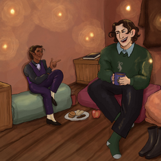 Digital art of Hamid Saleh Haroun al-Tahan chatting with Oscar Wilde. They are sitting in a ship's cabin; Hamid, an Egyptian halfling man wearing a purple and green suit, is perched on some towels, and is doing a single fingergun as he smitks at Wilde. Wilde, a white human man with brown hair wearing a green sweater, is saying something as he looks at Hamid. There are small pieces of light floating throughout the room, and a plate of food on the ground, along with boots, and a journal on a single crate.