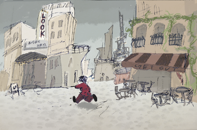 Hamid, a male halfling, is running through an empty street. He is in a red suit. The building he's running towards has the words: look after her on it. The cafe behind him has the words: get out on the awning