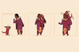 Three panels of Hamid (in Azu's body, who is a Black orc wearing armor and a large, fluffy coat) letting Azu (in Meerk's body, a small red kobold who also has a fluffy coat on) ride around on his shoulders. In the first panel, Azu is reaching her arms up for Hamid to pick her up. In the second, Azu is climbing up Hamid. In the third panel, Azu is sitting comfortably on Hamid's shoulders.