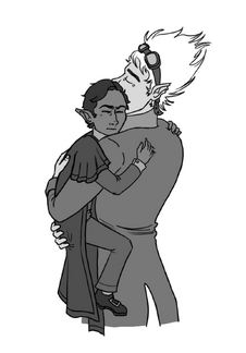 A black and grey digital drawing of Hamid, a brown halfling male, and Cel, a white nonbinary half-elf. Hamid is in a dark cape and suit. He is in Cel's arms and holding himself around their midsection. His chin is on their shoulder and his eyes are closed. Cel's back is turned to the viewer. They hold Hamid in their arms. Their face is in his hair and their eyes are also closed. They embrace each other.