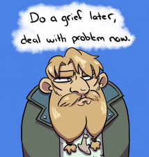 A front facing drawing of Zolf, a white dwarven male with short blonde hair and a double braided beard. He is wearing a long green coat over a blue chestplate and has a driftwood dolphin necklace around his neck. The words: Do a grief later, deal with problem now. are above him.