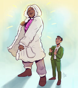 A digital drawing of Azu and Hamid. Azu, a black orc woman, is wearing a long white parka with a hood over a pink chest plate and grey pants. The hood is up over her head and she's holding out the parka in front of her. The parka is lined with fur. She is winking and smiling. Next to her is Hamid, a brown halfling. He is wearing a green suit with brown shoes. His eyes are closed and his mouth is smiling and he's looking up at Azu. He has his hands up as if he is clapping.