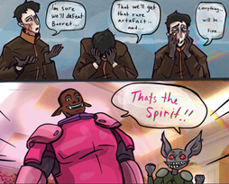 A two-panel digital comic of Sasha, Grizzop, and Azu discussing healing Sasha from being undead. The first panel is three shots of Sasha, a pale human with short black hair, a burn scar on her face, dark bags under her eyes, and a brown coat. The first pose is of Sasha looking uncertain, saying "I'm sure we'll defeat Barret..."; the second is of Sasha with her head in her hands, saying "That we'll get that rare artefact... and..."; the third is of Sasha dragging her hands down her face, saying "everything... will be... fine." The second panel is of Azu (a Black orc with bright pink armor) and Grizzop (a grey-skinned goblin with pure red eyes and sharp teeth), both excitedly saying "That's the spirit!" in pink and green text.