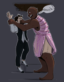 A digital drawing of Carter, a white human male, and Azu, a black orc woman. Azu is holding up Carter by the wrist. Her right hand is covering his mouth. Her eyebrows are furrowed and her mouth is open and frowning. She is wrapped in casual pink clothes A speech bubble from her reads: shush. Carter is in a black vest with black pants and an un tucked white button up. His eyes are wide and his eyebrows are creased as he looks at Azu.