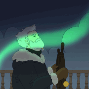 A gif of Zolf looking up at the borealis. The borealis is pale green, moving past him. Zolf blinks as he looks up into the aurora, eyes a bright green. Zolf is a white dwarf, with short hair and a short beard. He's wearing cold-weather gear.