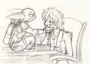 a sketch of Grizzop and Wilde. Grizzop, a goblin male, sits onto of Wilde's desk with his legs crossed. He is wearing full leather armour and has a quiver of arrows on his back. His face is set in neutral with his ears pointed back. He is holding the face of Wilde, a human male with unkempt hair. Wilde sits opposite him in an armchair. He is wearing a three-piece suit. His eyes are half closed and looking off screen behind Grizzop.
