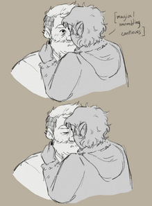 A digital two-panel sketch of Hamid casting Heroism on Zolf. The first panel is of Hamid pressing his forehead to Zolf's (who looks a bit shocked/surprised), with "magical mumbling continues" written next to the image. The second image is the same, except Zolf has closed his eyes and looks incredibly at peace. Hamid is a halfling man wearing cold weather gear with a fuzzy hood, and Zolf is a dwarven man with an undercut, a beard, and freckles. The background of the image is tan.