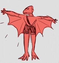 A digital sketch of Skraak, a kobold drawn entirely in red. Skraak wears a shirt and dark shorts. They extend both arms, revealing that they have webbed flaps between their arms and back.