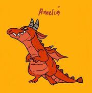 Coloured digital art of Earhart in Tadyka’s body. Tadyka is a kobold with a long tail and small wings. Earhart looks angry. The background is yellow.