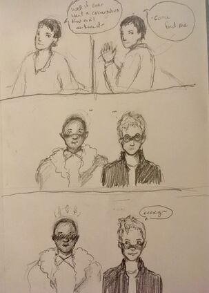 A four panel pencil comic. In the first two panels is Kiko, a Japanese woman with chin-length hair dark hair. She is looking forward with a head-tilt as she says “Well if ever want a conversation that isn’t awkward —“ Kiko turns to leave, waving and looking back “— come find me.” Azu, a bald Black orc in a fluffy jacket and Cel, a white half-elf with fluffy blond hair, wearing goggles, stand in shock, with ellipses by their heads. In the last panel, Azu is burning with embarrassment, while Cel’s goggles fall down their nose; they look to the side at Azu and say “eeeeey~.”