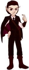 A piece of digital fan art depicting a gnome lawyer. He is a slim, pale man in a dark burgundy suit, shown in full against a solid white background. He has pointed ears and prominent eyebrows that extend outward past his face, but otherwise appears human. He has a suit jacket that matches the rest of his outfit draped over his shoulders like a cape, and a messenger bag hanging crosswise across his torso. His left hand is raised with one finger extended, and his expression is stern.
