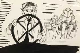 An inked sketch of Zolf and Azu spying on Earhart. Earhart is in the foreground, her hands on the helm and a determined look on her face. In the background, Zolf and Azu sit side by side on a bench, reading books, over which they gaze with furrowed brows.