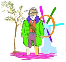 A messy sketch of Zolf standing at the helm of the Vengeance against a white background, looking resigned and tired. A lemon sapling is growing from the deck behind him and every inanimate object in sight is a randomly-picked color. He is saying or possibly just thinking “well” in small letters.
