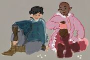 Coloured digital fan art of Kiko and Azu. Kiko is a Japanese woman with short black hair, wearing a baggy blue jacket, baggy grey pants, and brown wrist warmers and boots. Azu is a bald Kenyan woman with ear piercings, a scar through one eyebrow, and a chipped tusk. She wears a long furry pink coat, red pants, tall brown boots, and light pink mitts. Kiko and Azu are smiling at each other. Azu holds a bag of marbles while other marbles surround them. The background is solid grey.